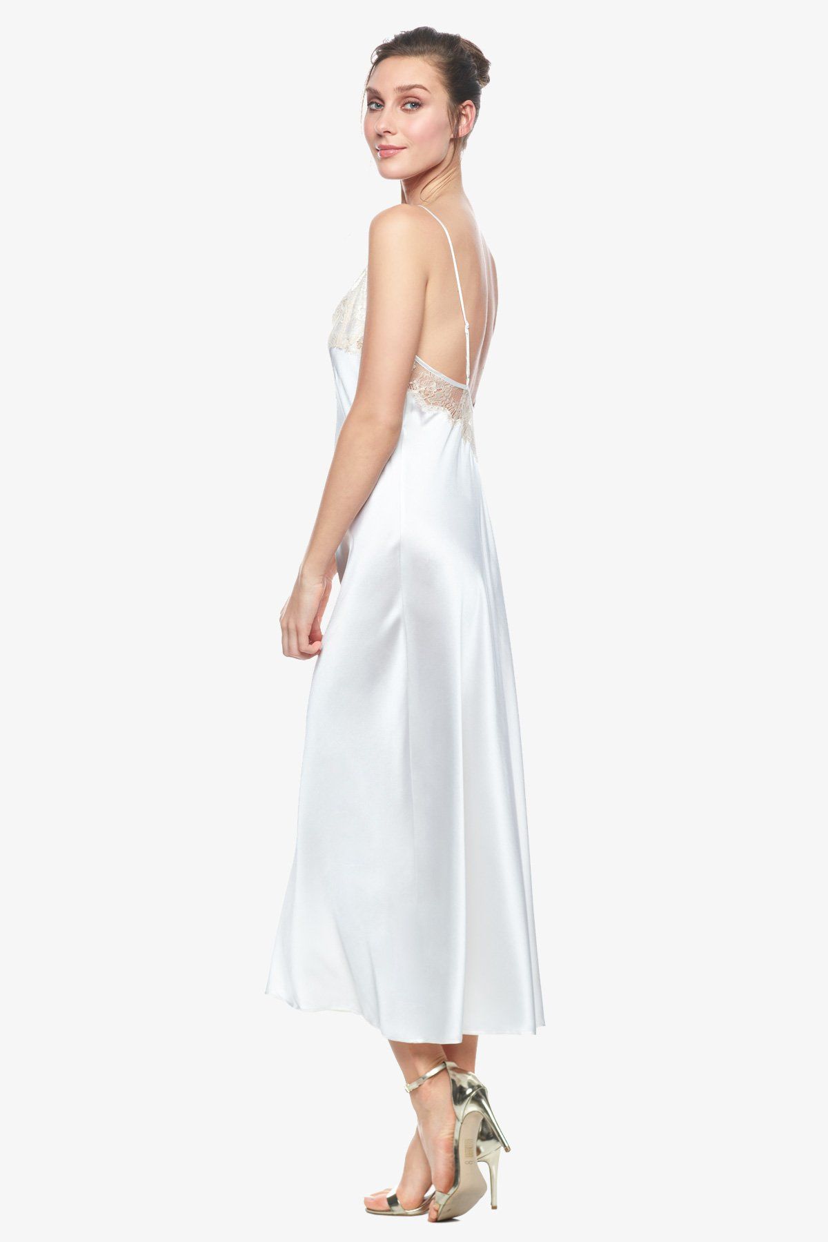 Side profile of Cordelia silk designer bridal gown in pearl-white