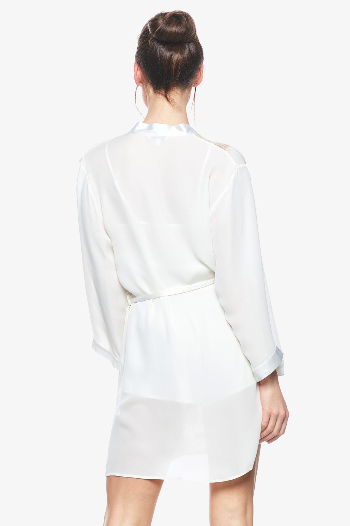 Back profile of Cordelia pearl-white silk bridal robe 