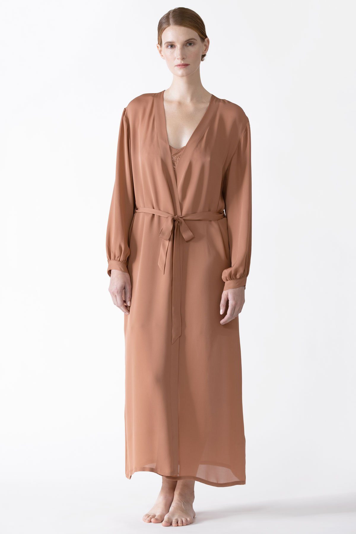bliss silk dress Women's Bliss A-line Asymmetric Sleeved Khaki Silk Ankle Length Dress XS/S/M/L/XL/Customize Brown MEAN BLVD Brown / S