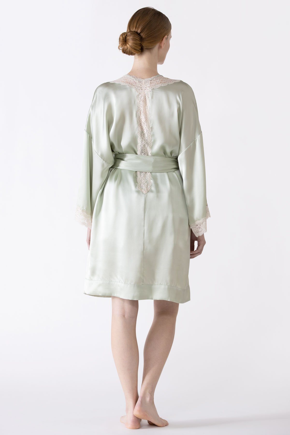 Gardenia Lace Trim Short Silk Kimono Short Robe NK iMODE