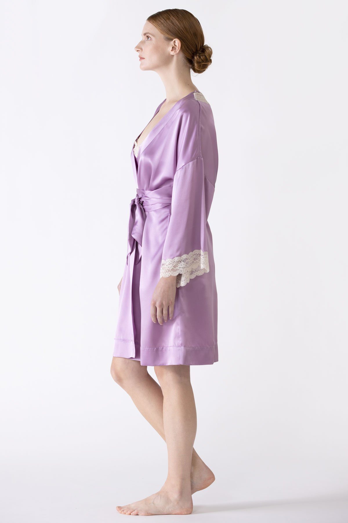 Gardenia Lace Trim Short Silk Kimono Short Robe NK iMODE