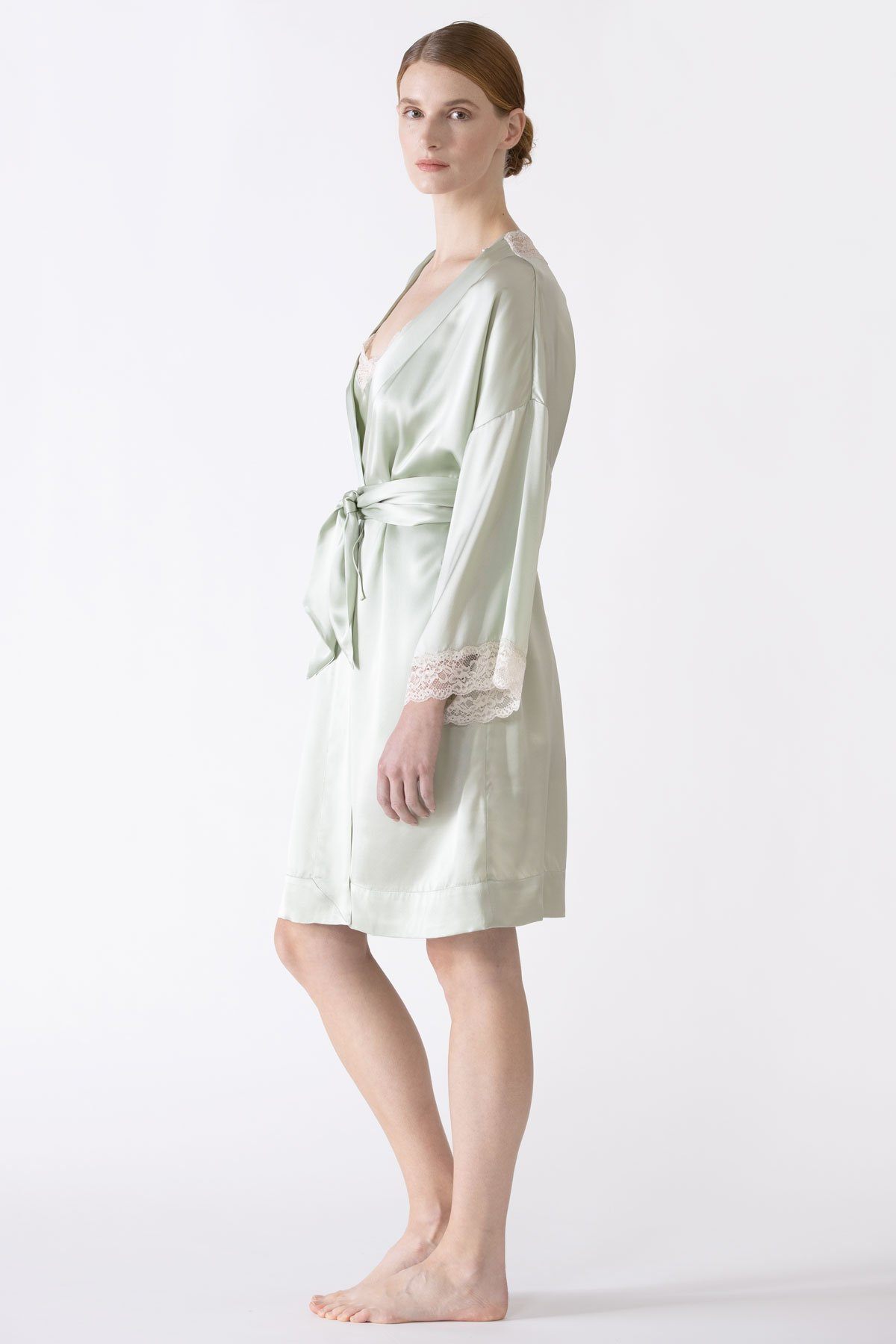 Gardenia Lace Trim Short Silk Kimono Short Robe NK iMODE