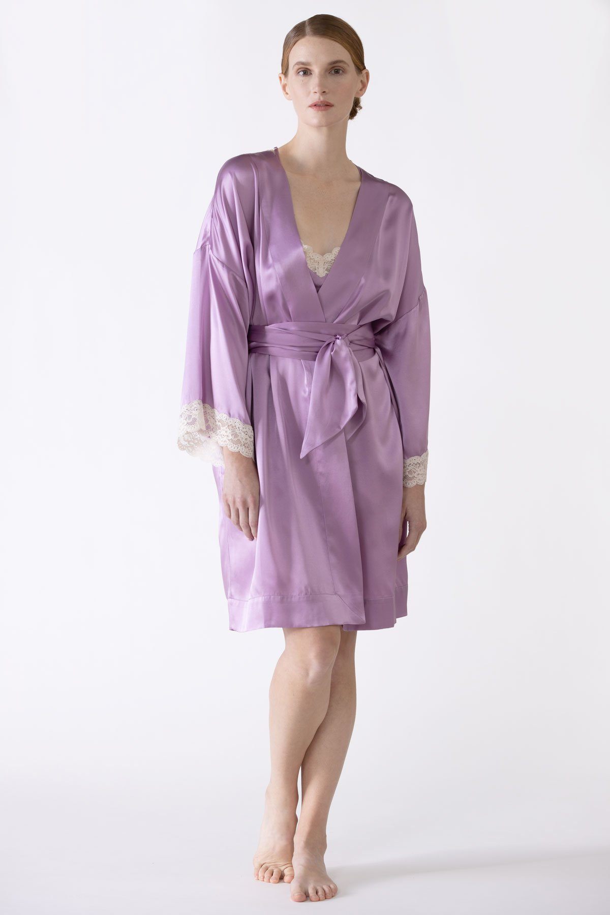 Gardenia Lace Trim Short Silk Kimono Short Robe NK iMODE dusty-lavender purple S