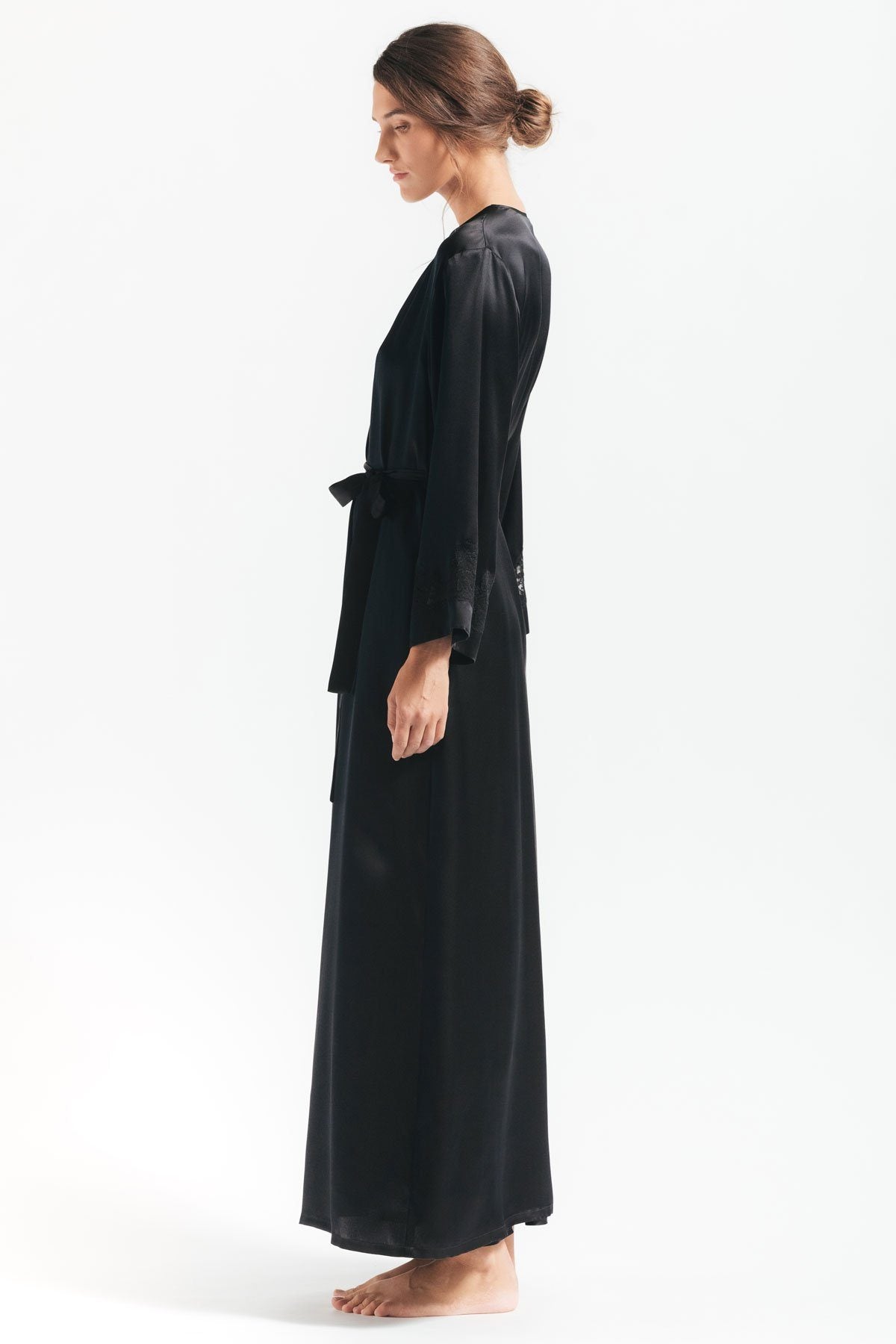Side profile of Morgan Long black silk robe