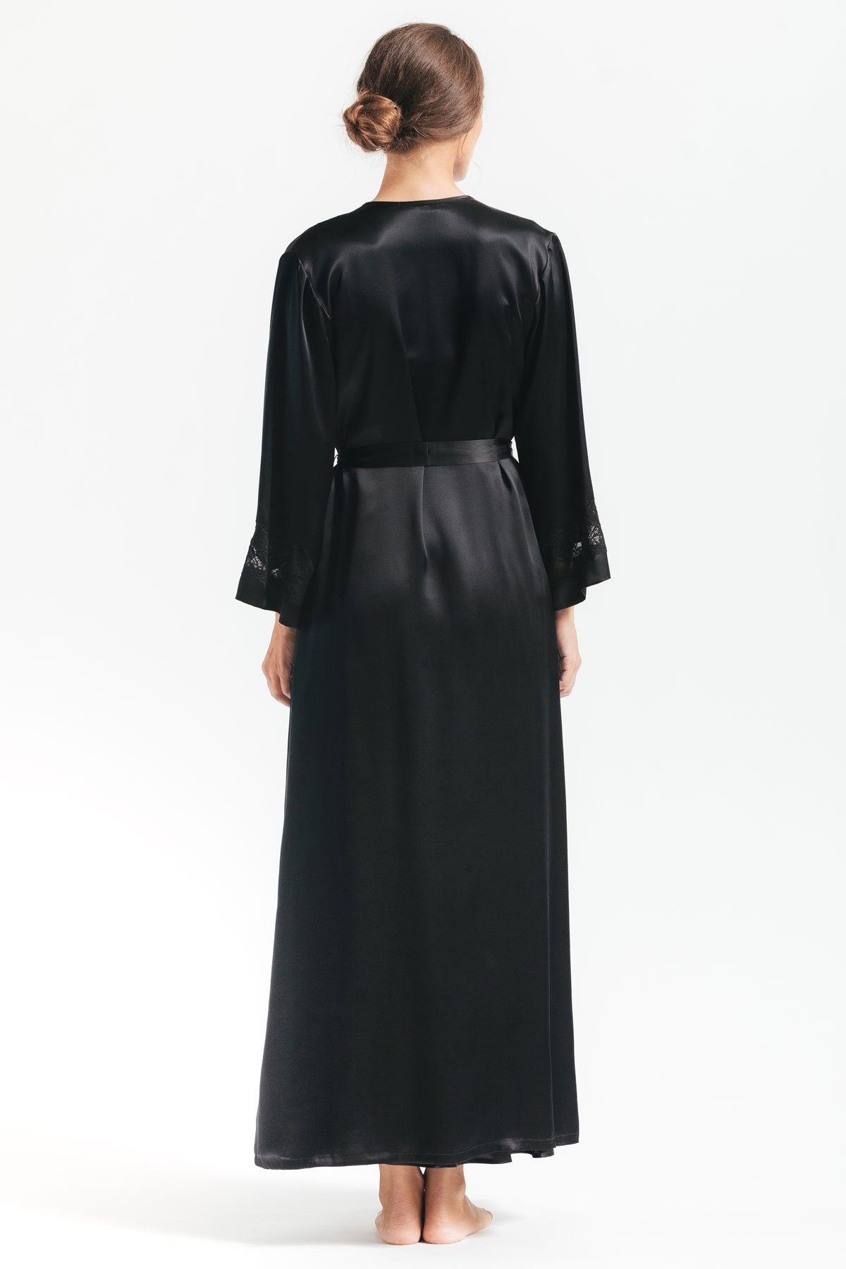 Back of model wearing Morgan Long black silk robe