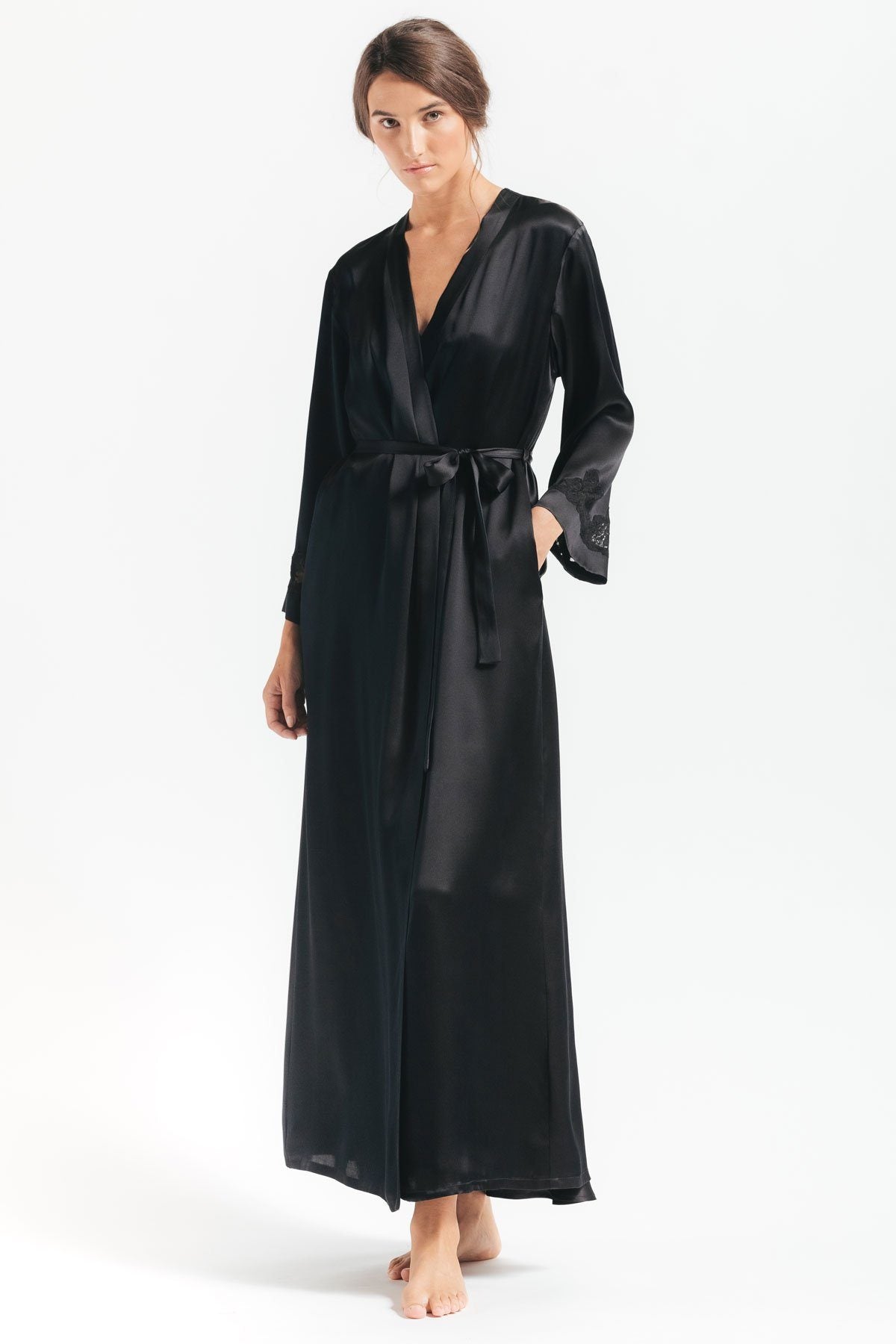 Model showcasing Morgan Long black silk robe