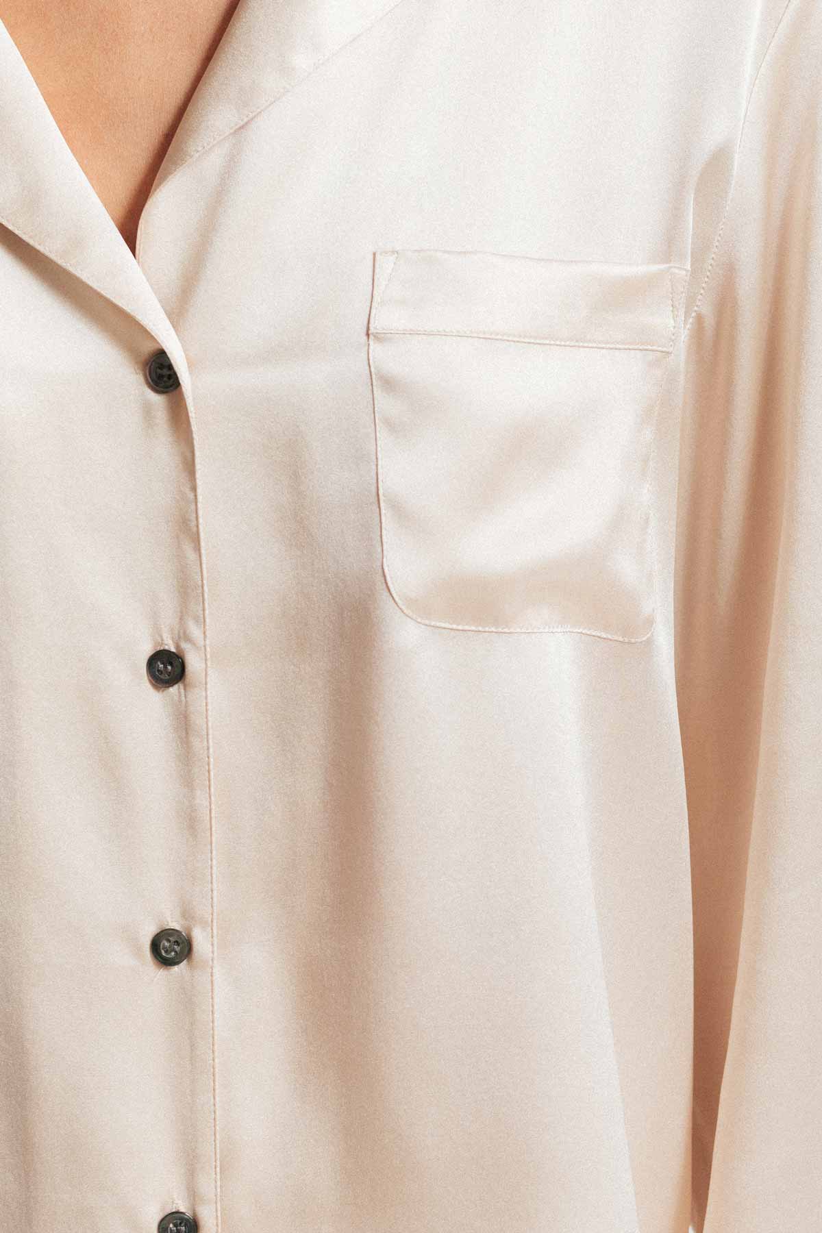 Close up of the shirt for Morgan womens silk pajama set in champagne