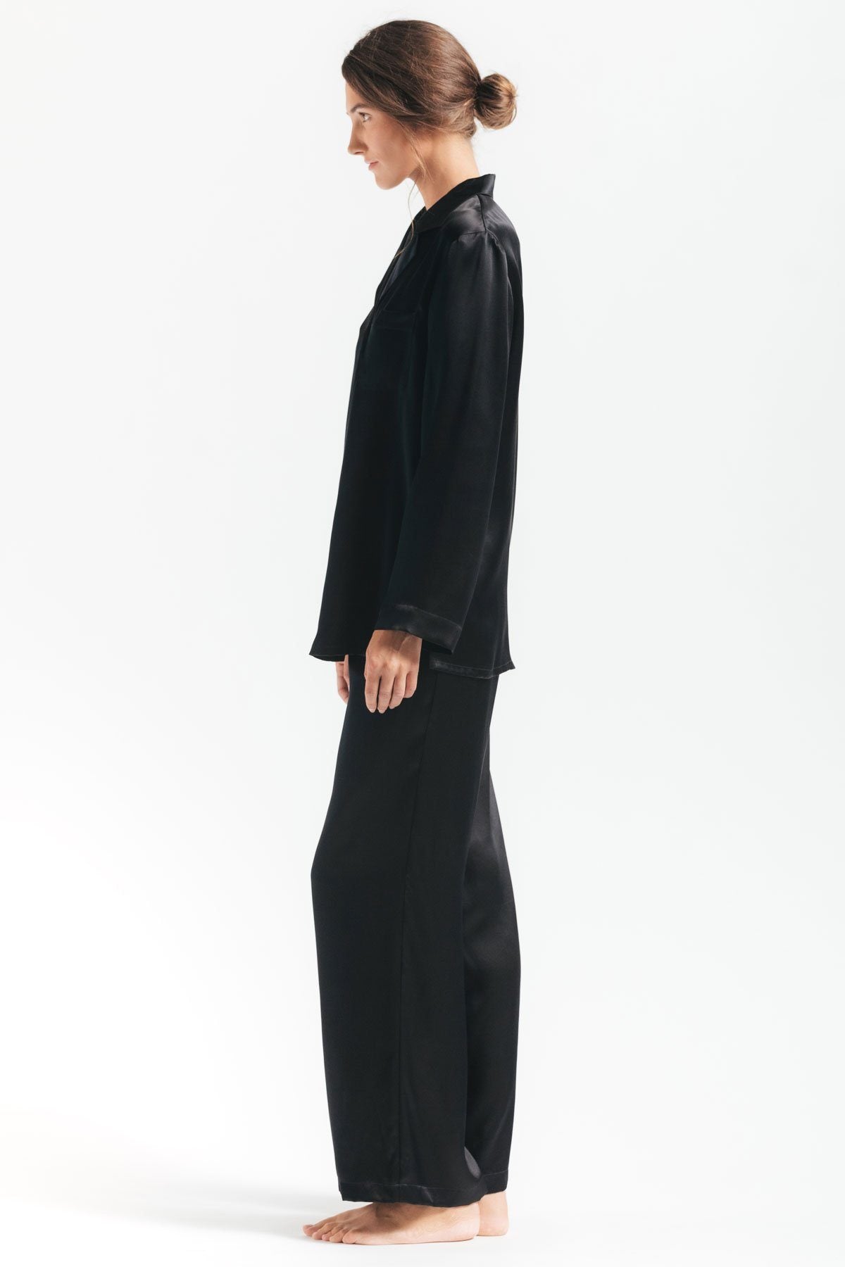 Side profile of Morgan womens silk pajama set in black