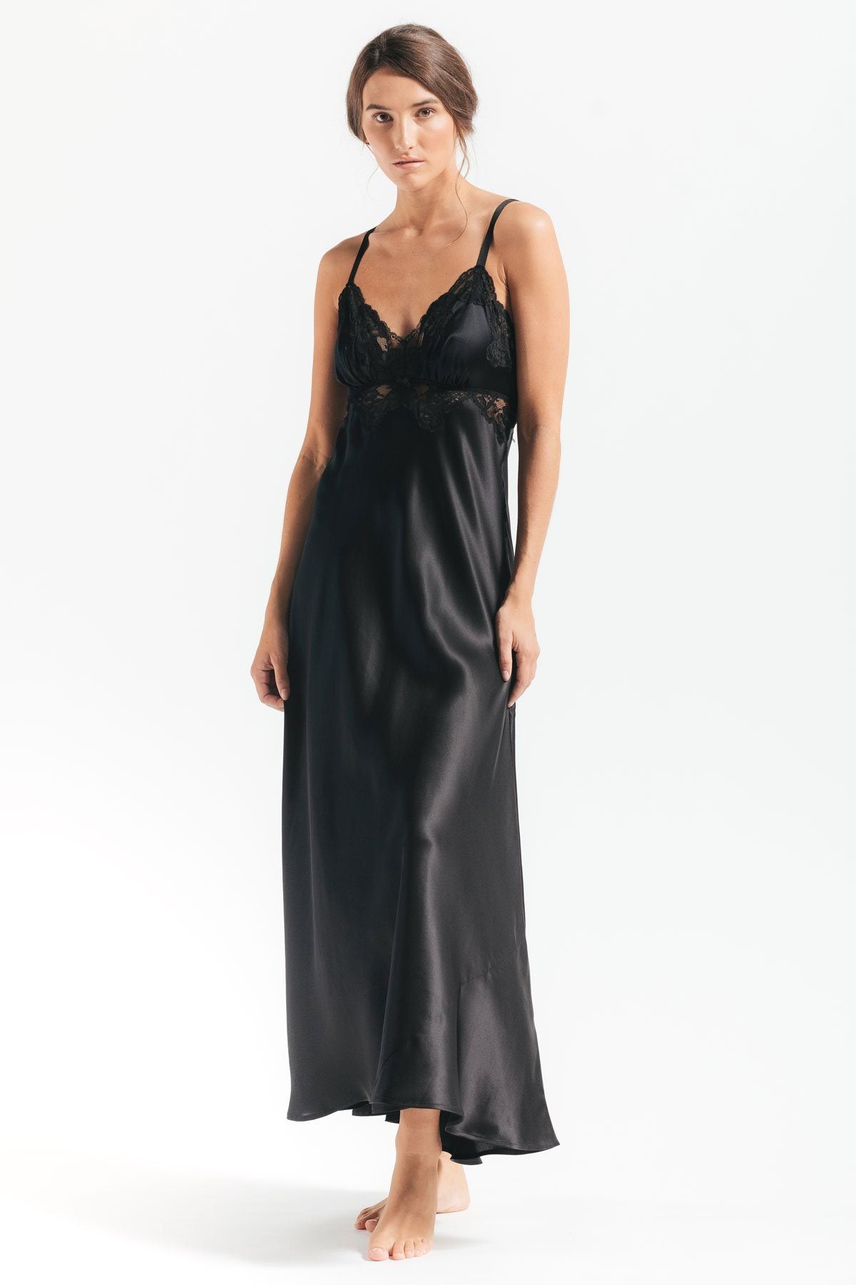 Model wearing Morgan vintage long silk sleeping gown in black