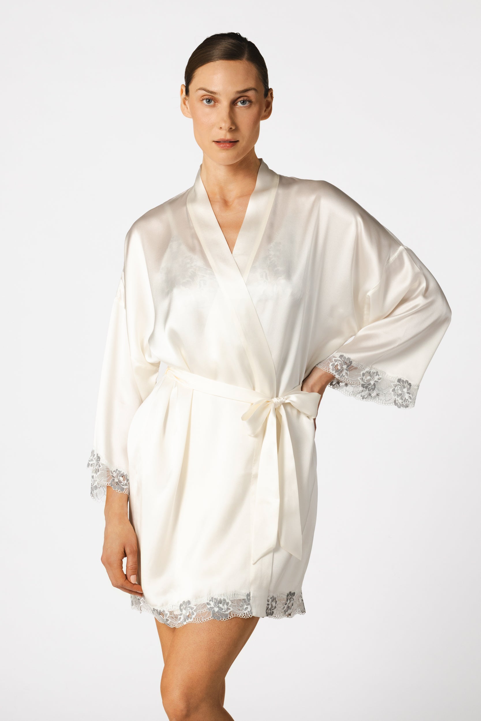 Short Grey Silk Robe with Lace Trim | Wet Sand Loungewear | NK IMODE