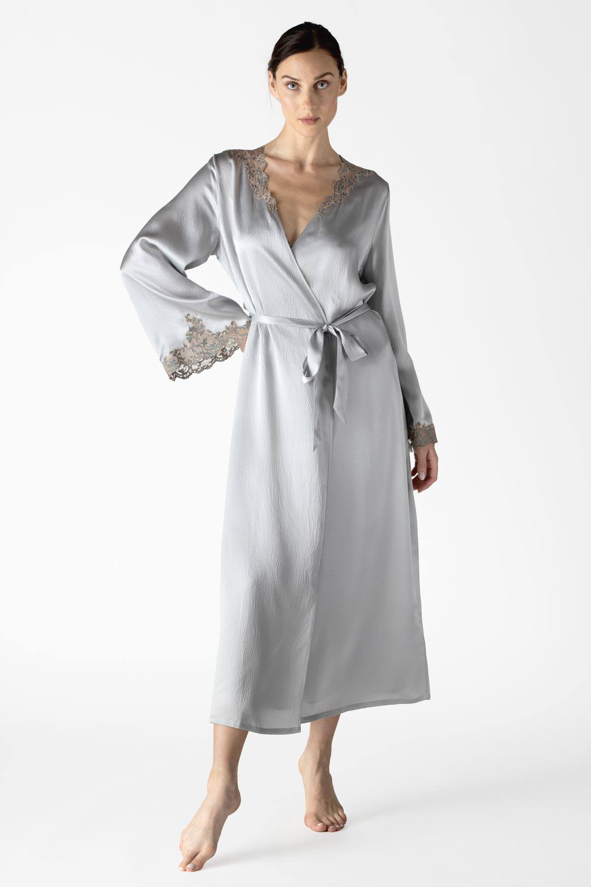 Adelaide Lace Long Silk Robe Long Robe NK iMODE Silver grey S