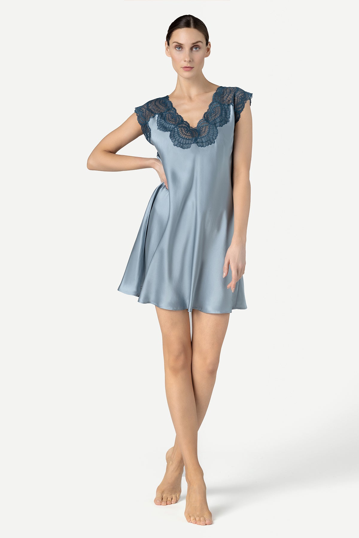 Alice Feminine Lounge Silk Housedress Chemise NK iMODE Slate Blue XS