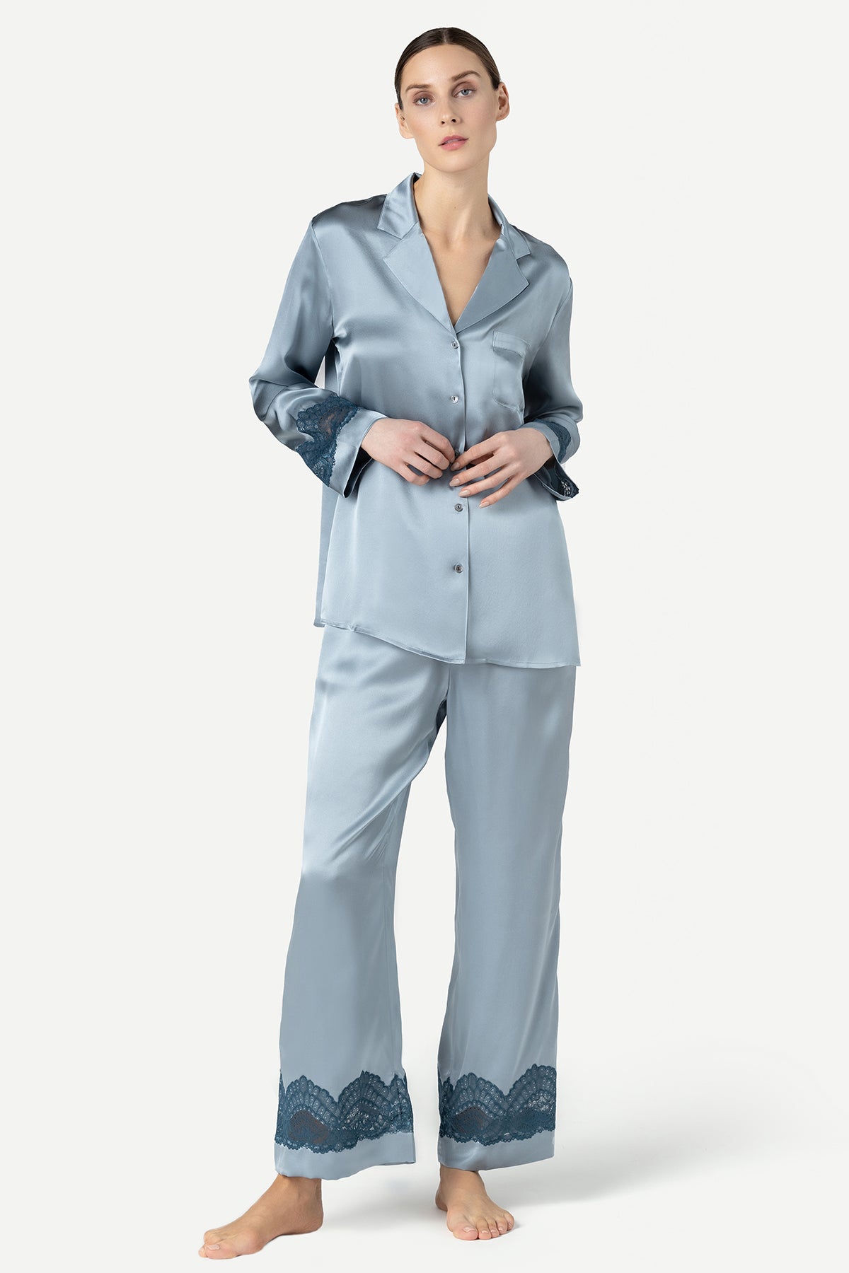 Chic Women's Navy Blue and White Striped Silk Pajama Set 100% Mulberry Silk  Kitten Birdy Embroidery Long Sleeve Pants Lounge Set - AliExpress