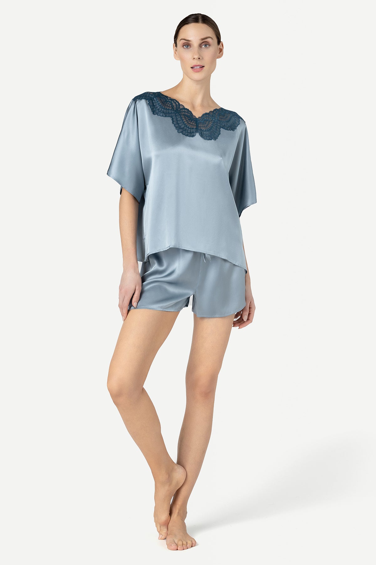Alice Feminine Lounge Silk T-shirt Set Pajama Set NK iMODE Slate Blue XS