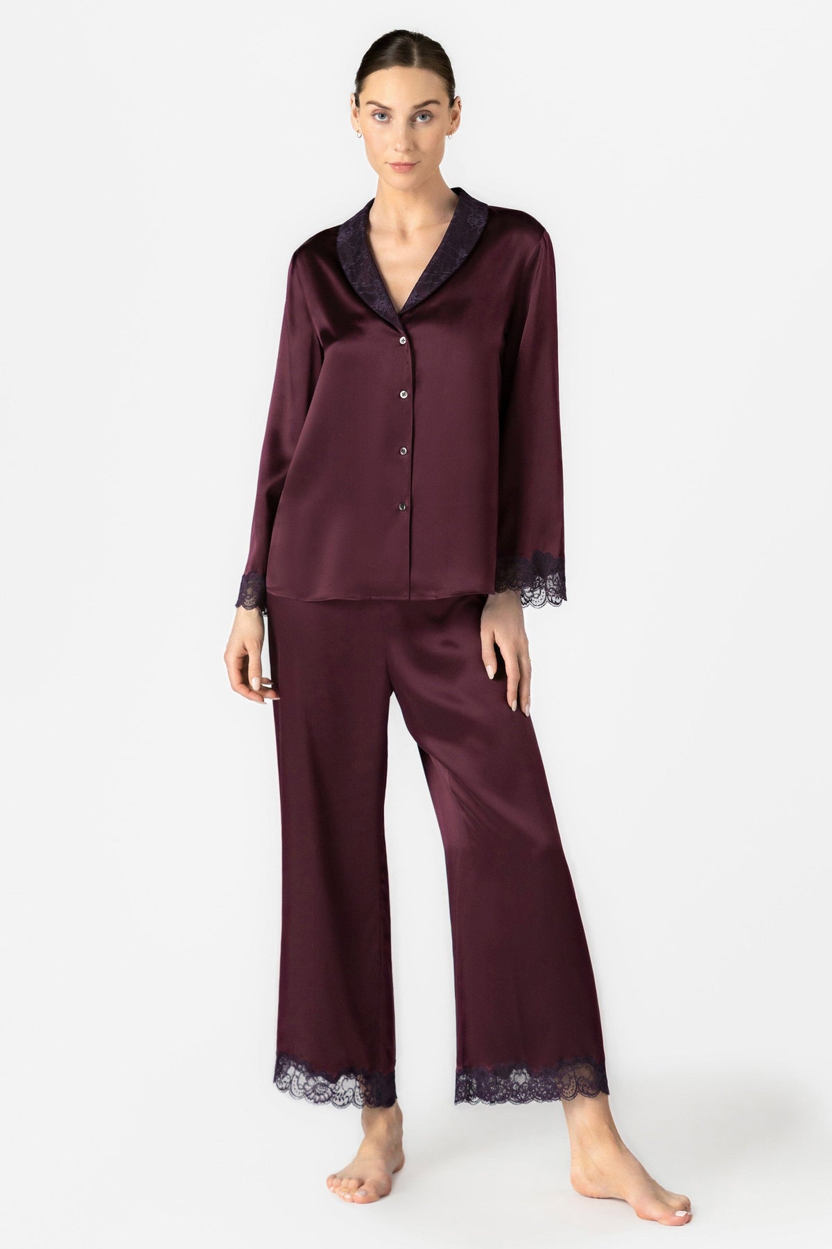 Arden Lush Shawl-collar Silk PJ Set Pajama Set NK iMODE Aubergine Purple XS