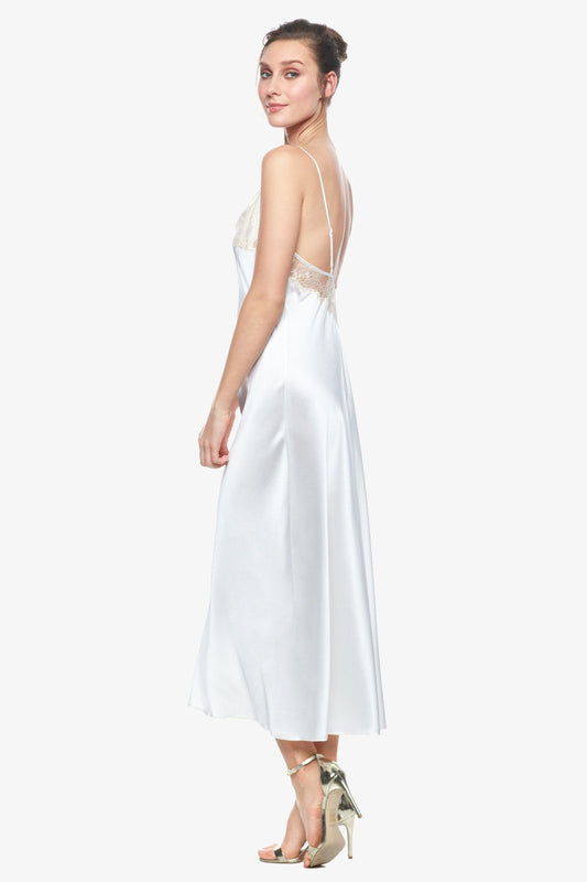 Side profile of Cordelia silk designer bridal gown in pearl-white 