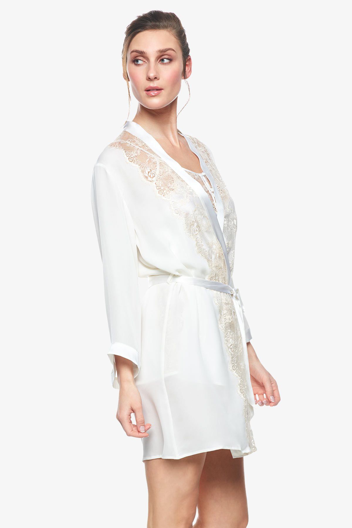 Side profile of Cordelia silk bridal robe in pearl-white 