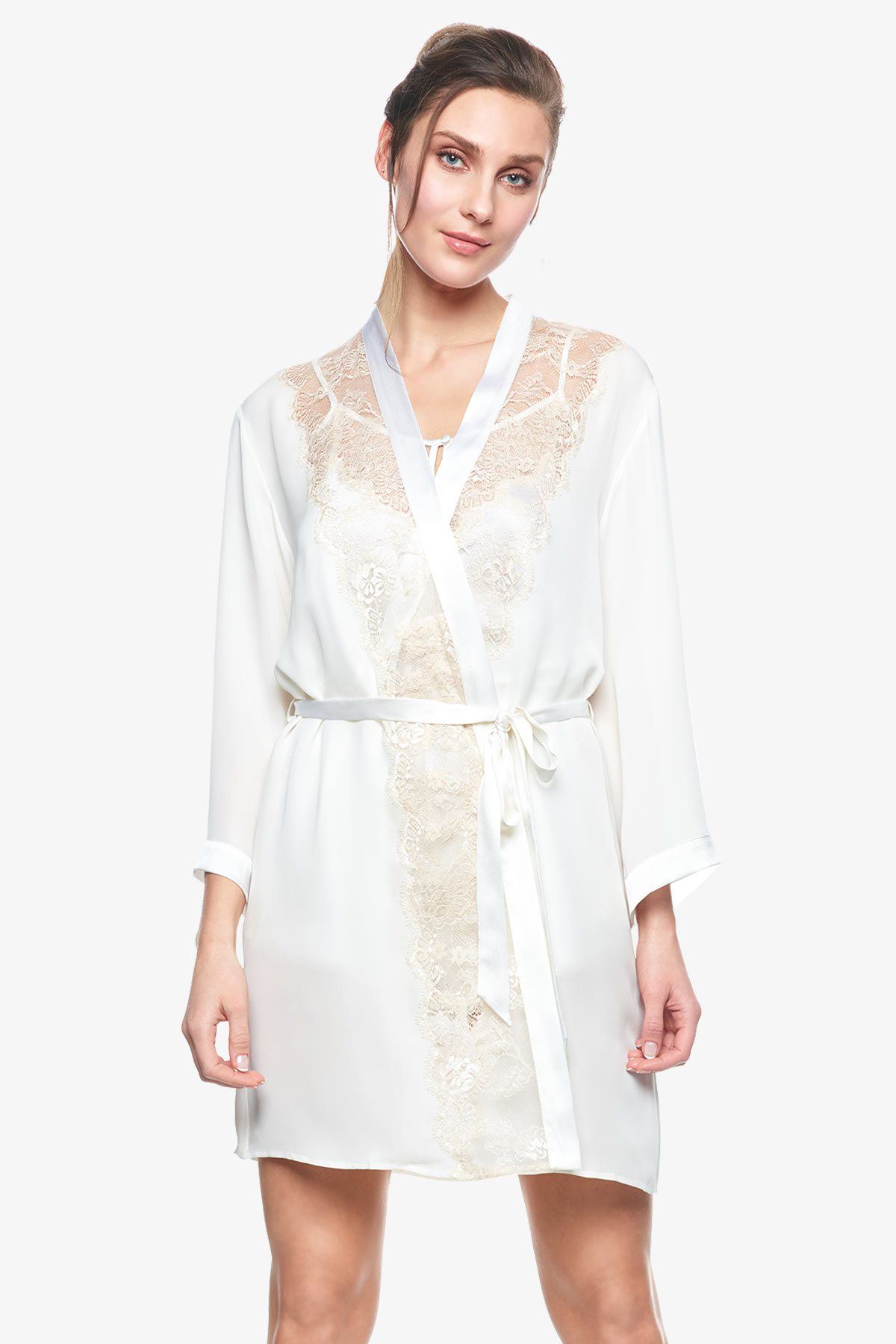 Model wearing a closed Cordelia silk bridal robe in pearl-white