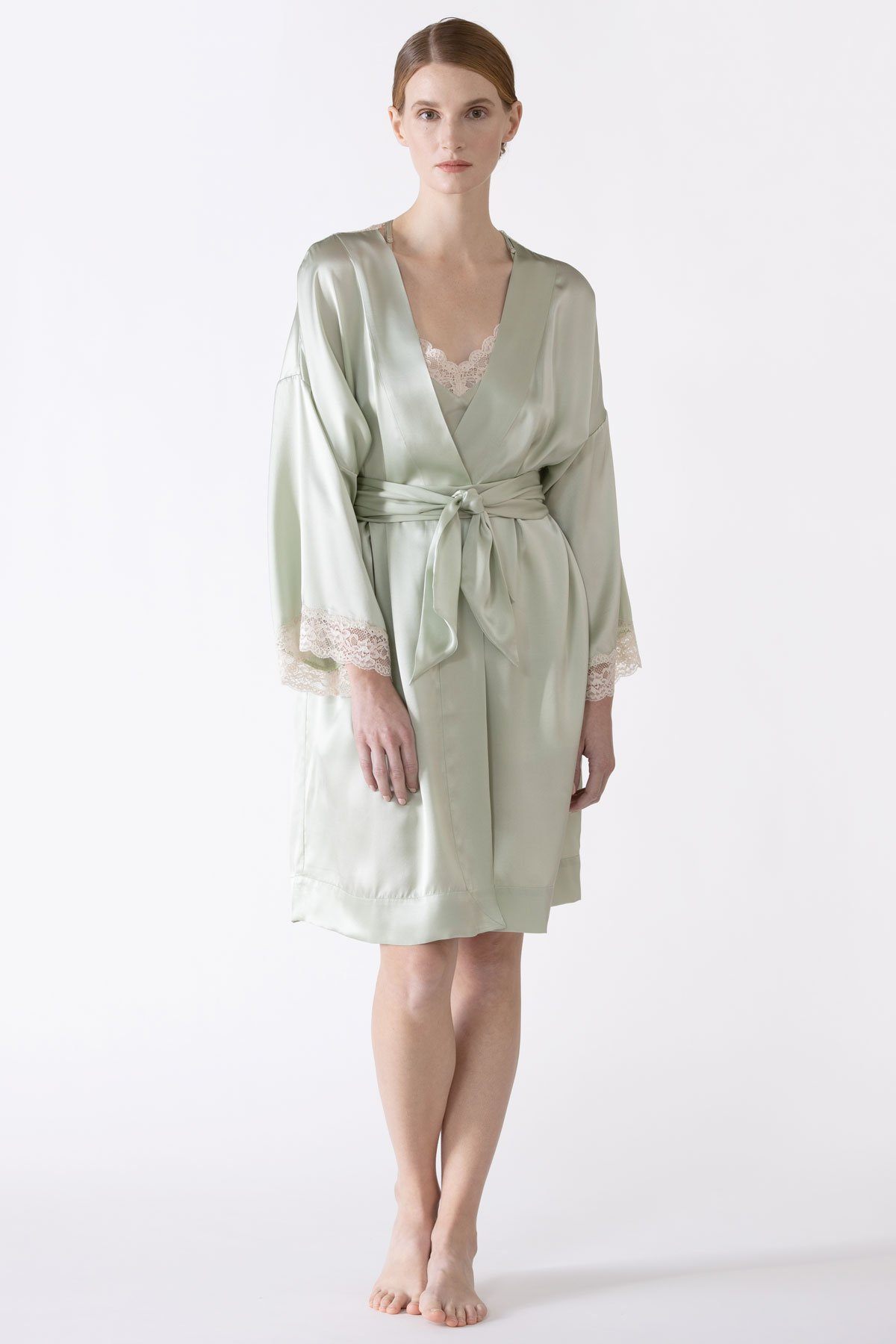 Gardenia Lace Trim Short Silk Kimono Short Robe NK iMODE pistachio-gloss green S