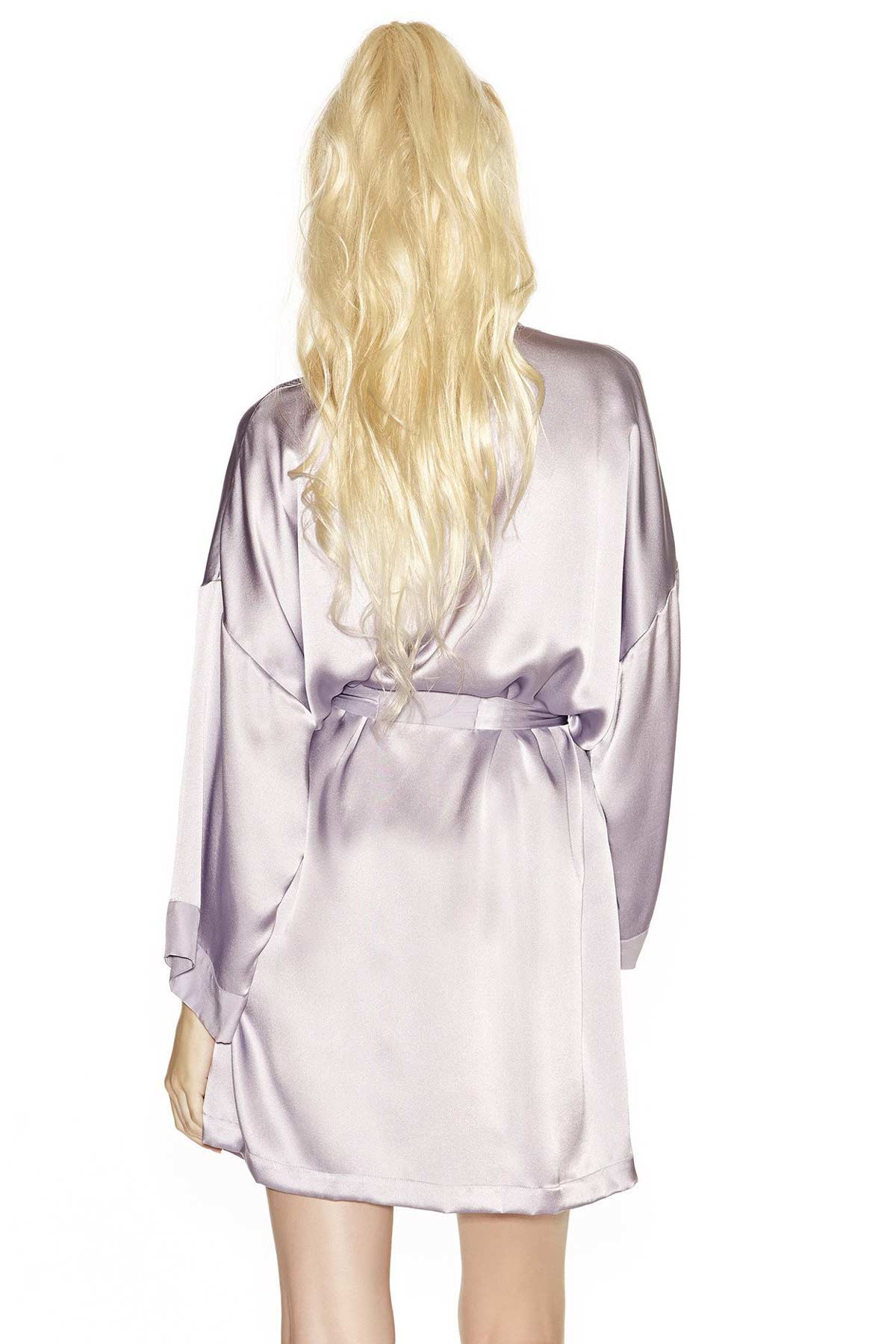 Side profile of Lucky Gal-Pal short silk kimono and silk headband set in lovely-lavender