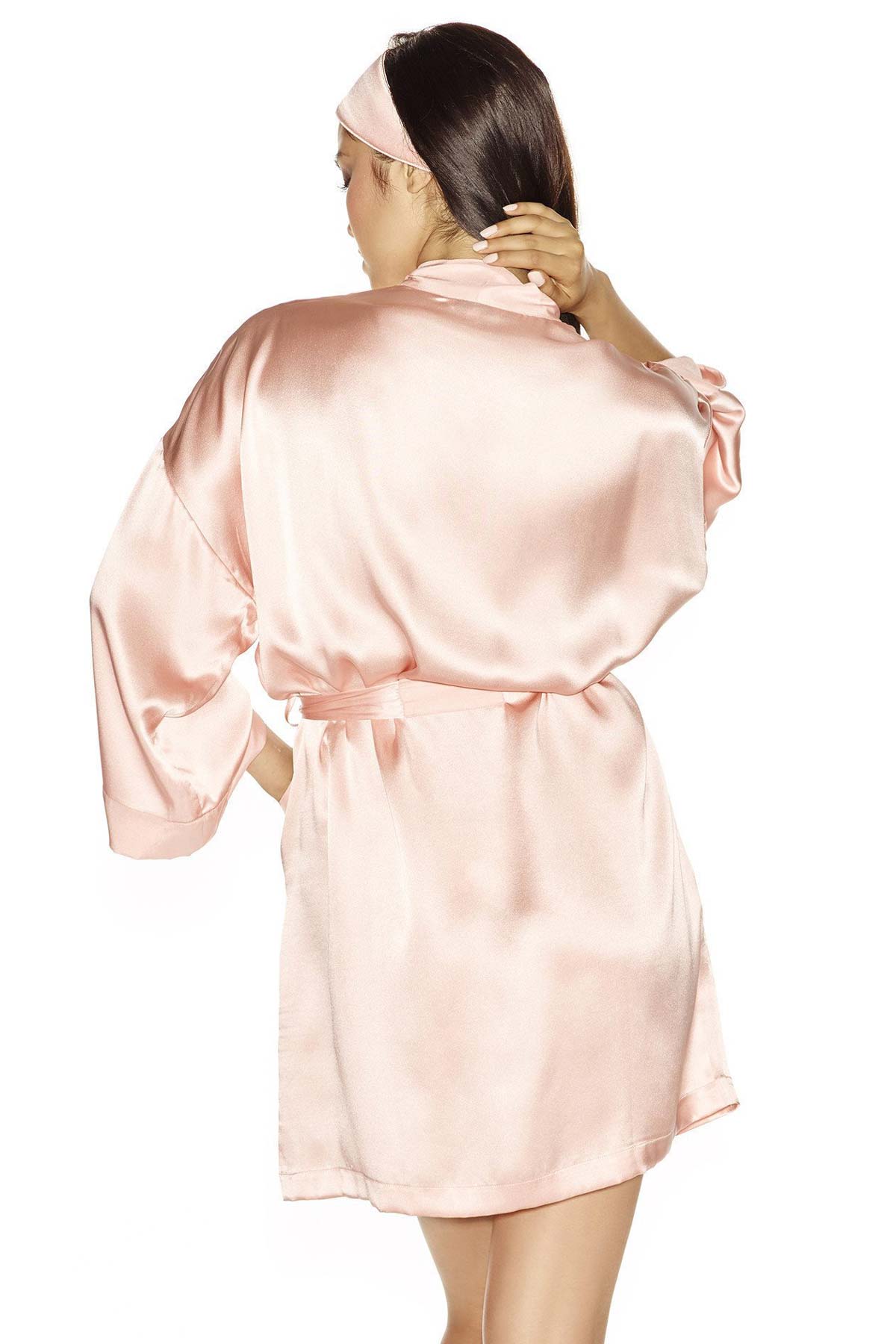 Back profile of Lucky Gal-Pal short silk kimono and silk headband set in retro-rose
