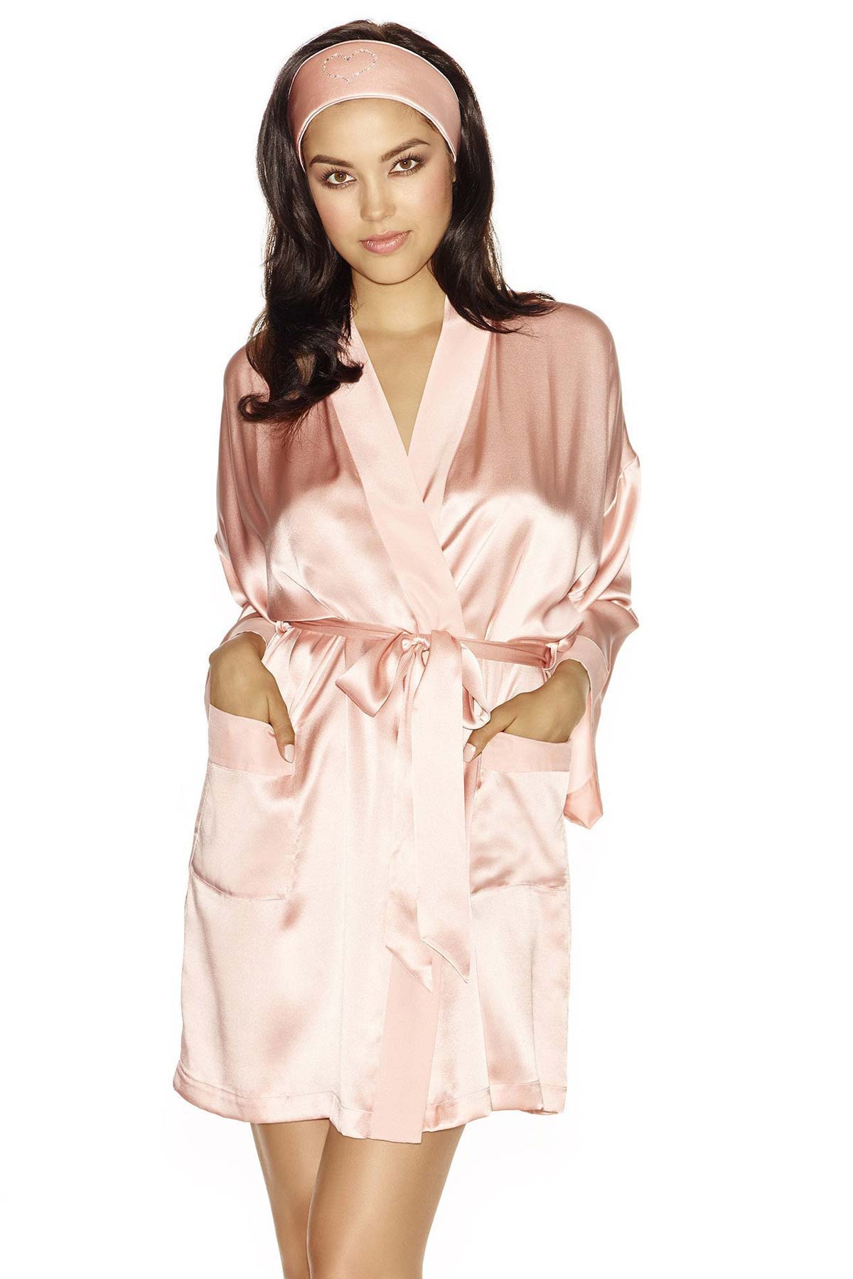 Model wearing  Lucky Gal-Pal short silk kimono and silk headband set in retro-rose