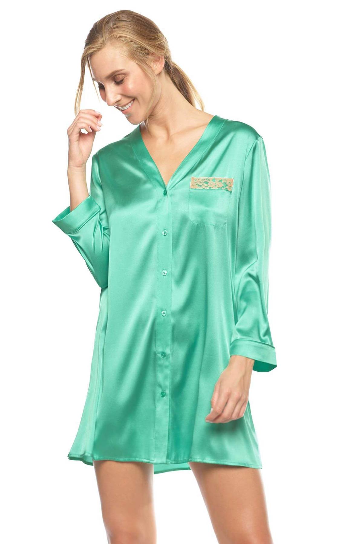 Model showcasing Madision Cherie silk ladies nightshirt in barbados-sea