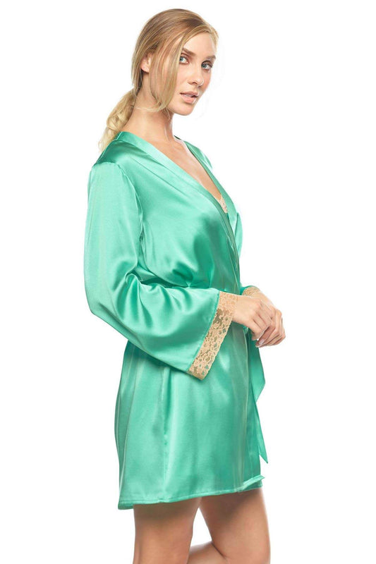 Sideview of model wearing Madison Kiss'n Tell green silk kimono in barbados-sea