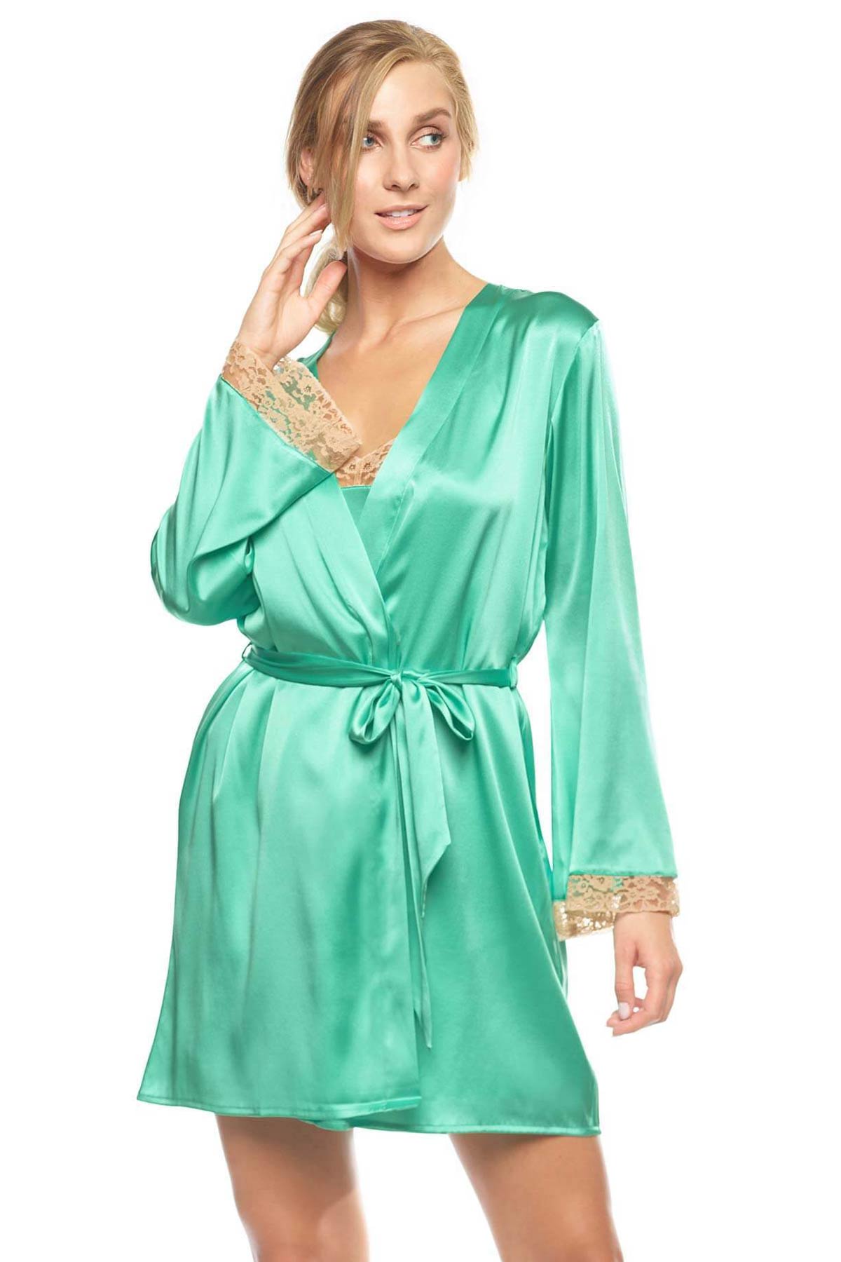 Model showcasing Madison Kiss'n Tell green silk kimono in barbados-sea