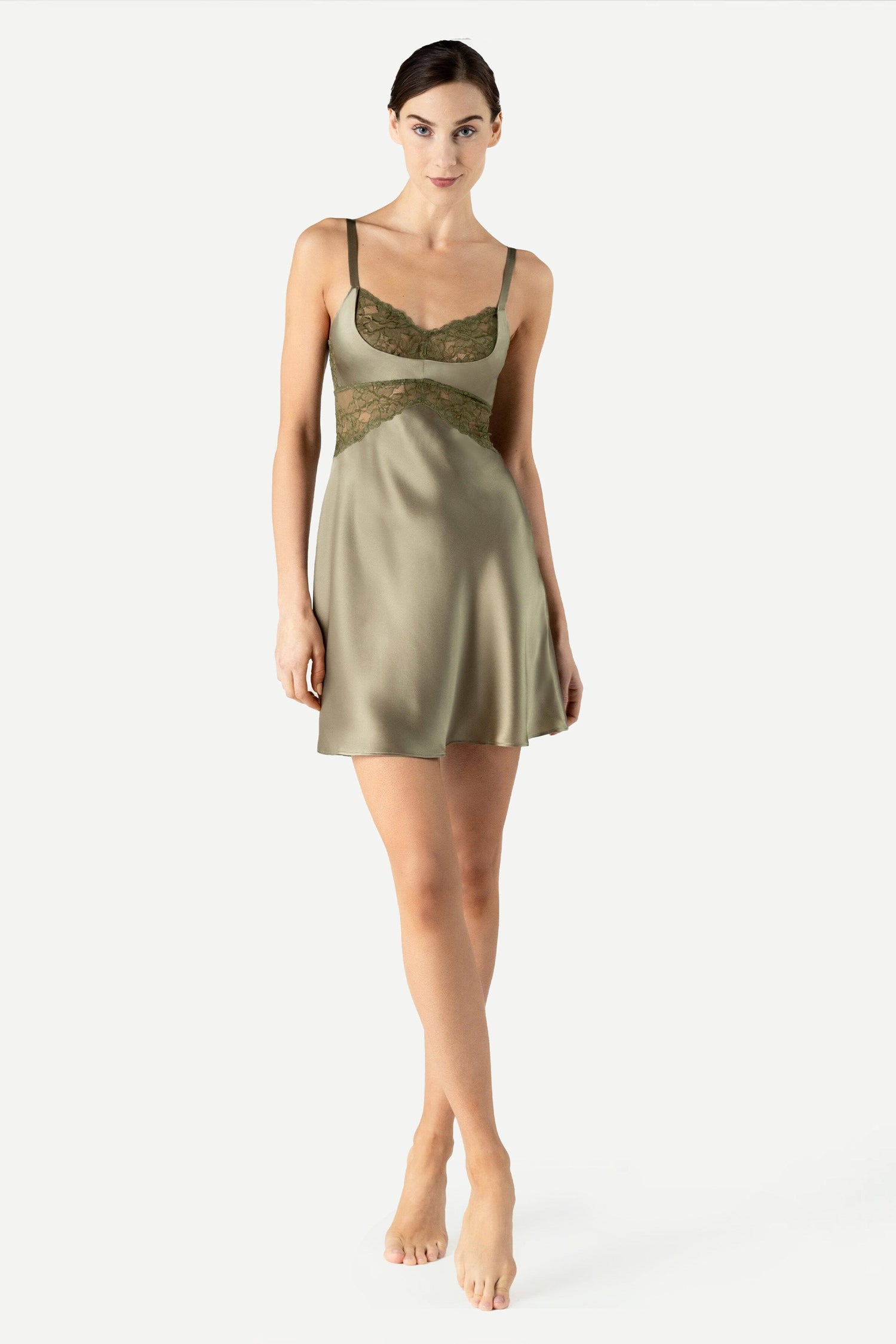 Morgan Cradle Bust Silk Chemise Chemise NK iMODE Olive Green Green XS