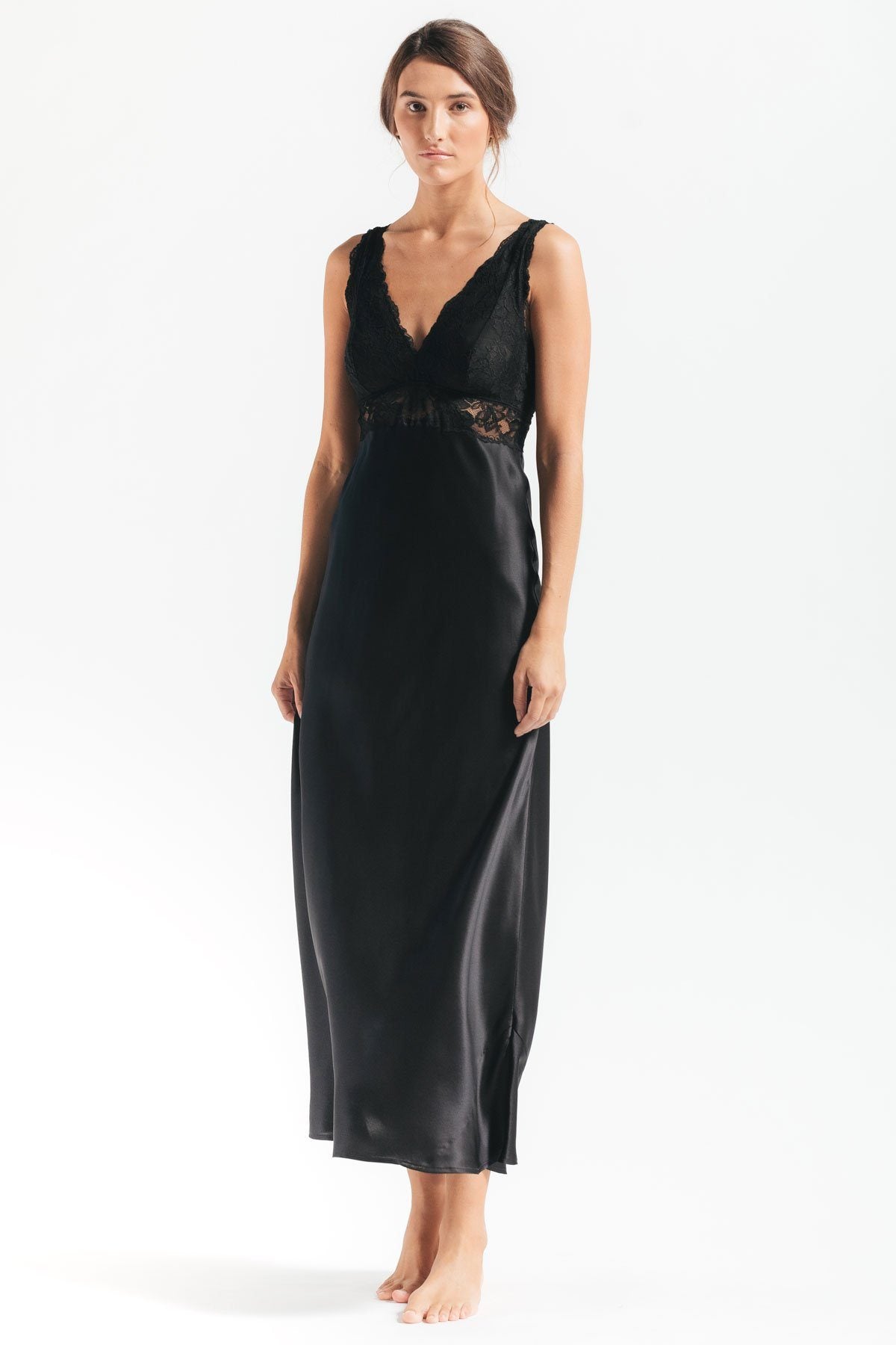 Model showcasing Morgan Iconic Bust-Support black silk gown 