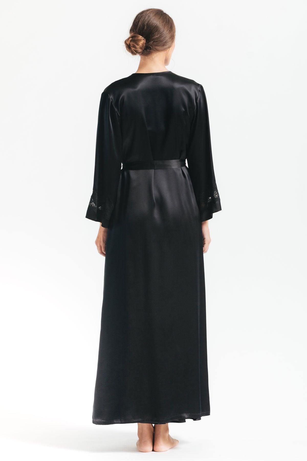 Back of model wearing Morgan Long black silk robe 