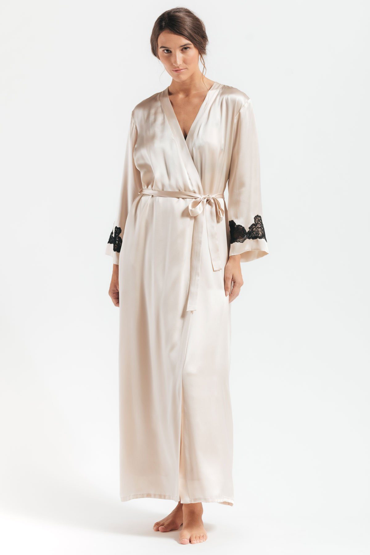 Model wearing a closed Morgan Long silk robe in champagne
