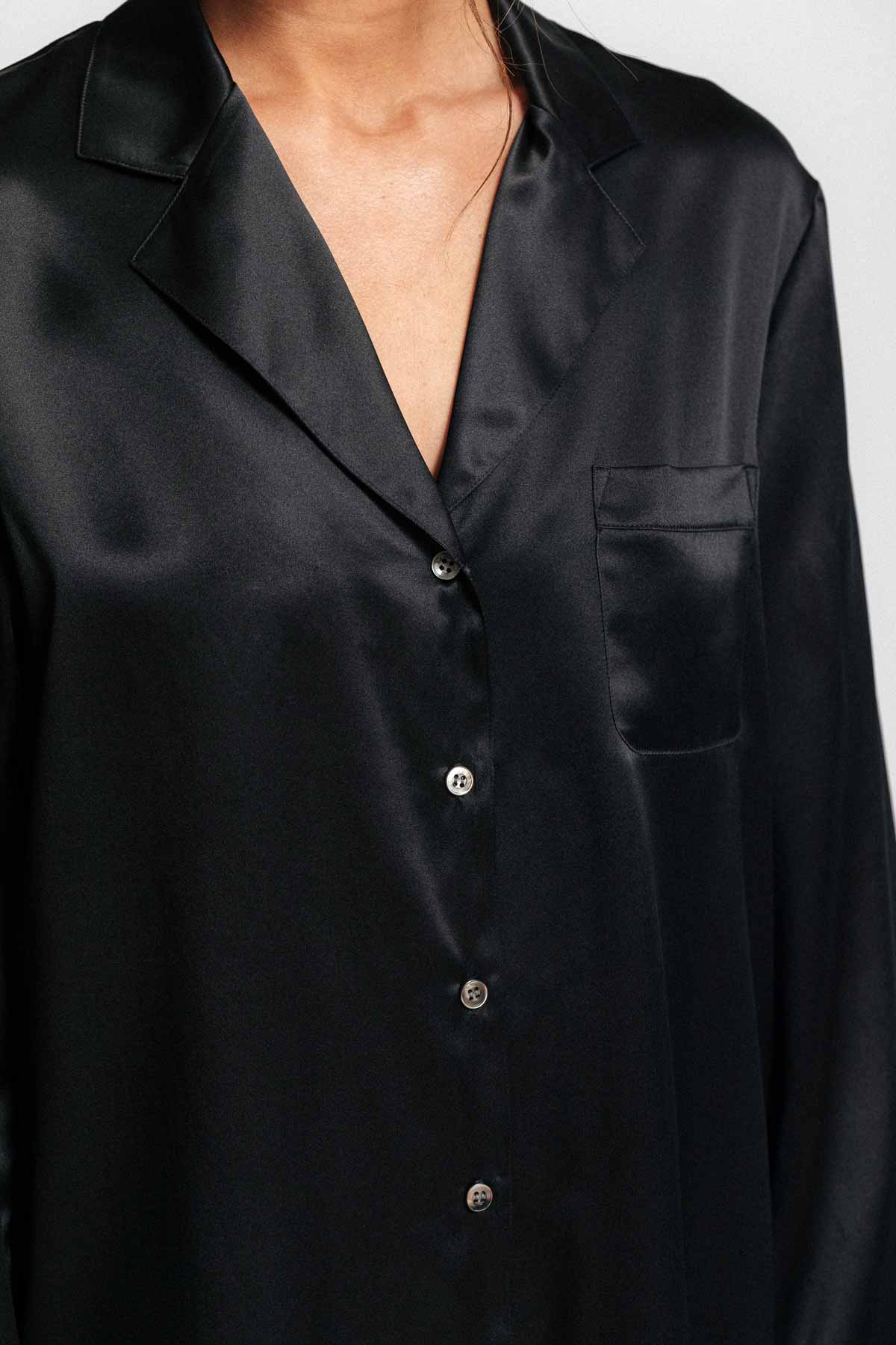 Close up of the shirt for Morgan silk pajama set in black 