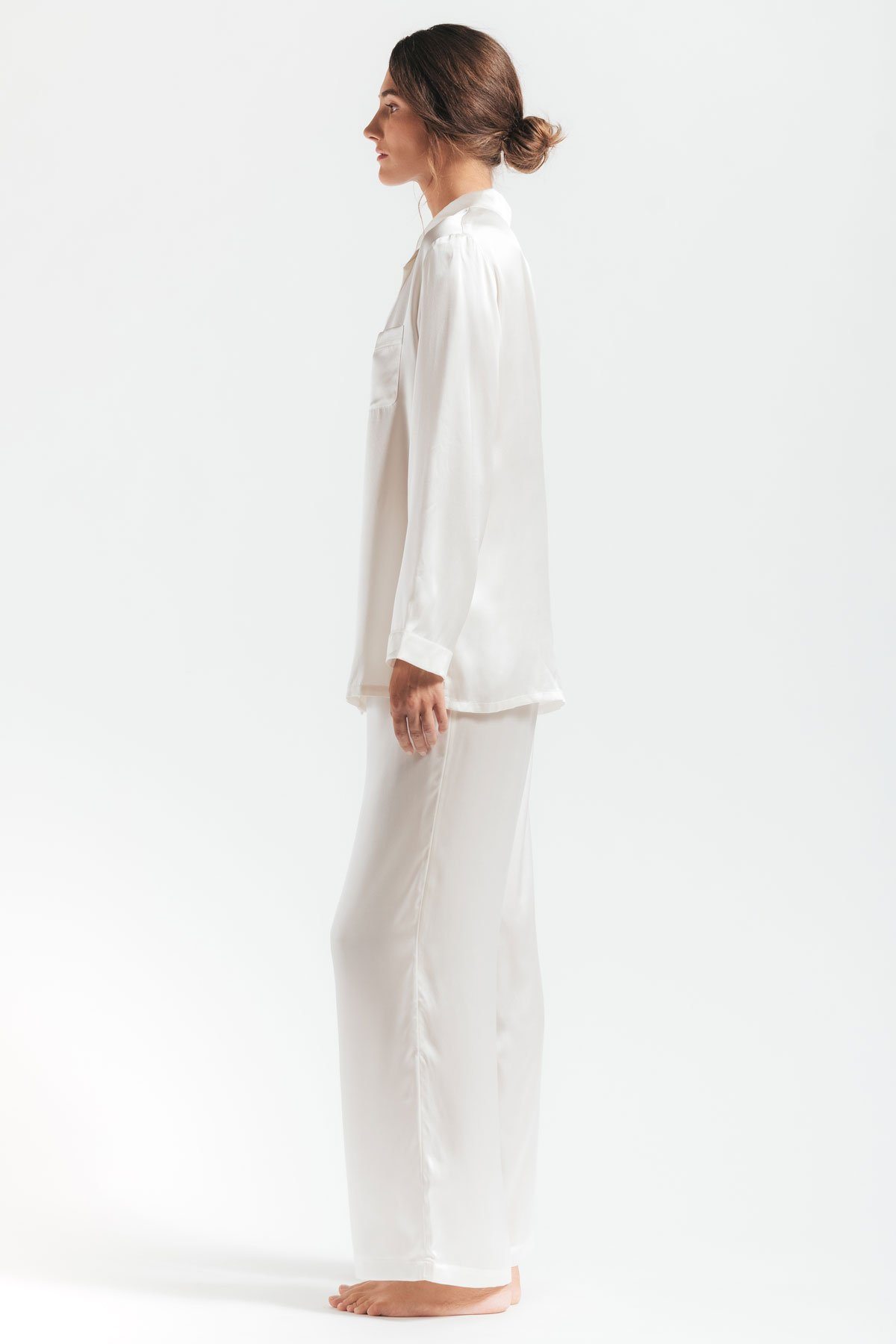 Side profile of Morgan womens silk pajama set in ivory