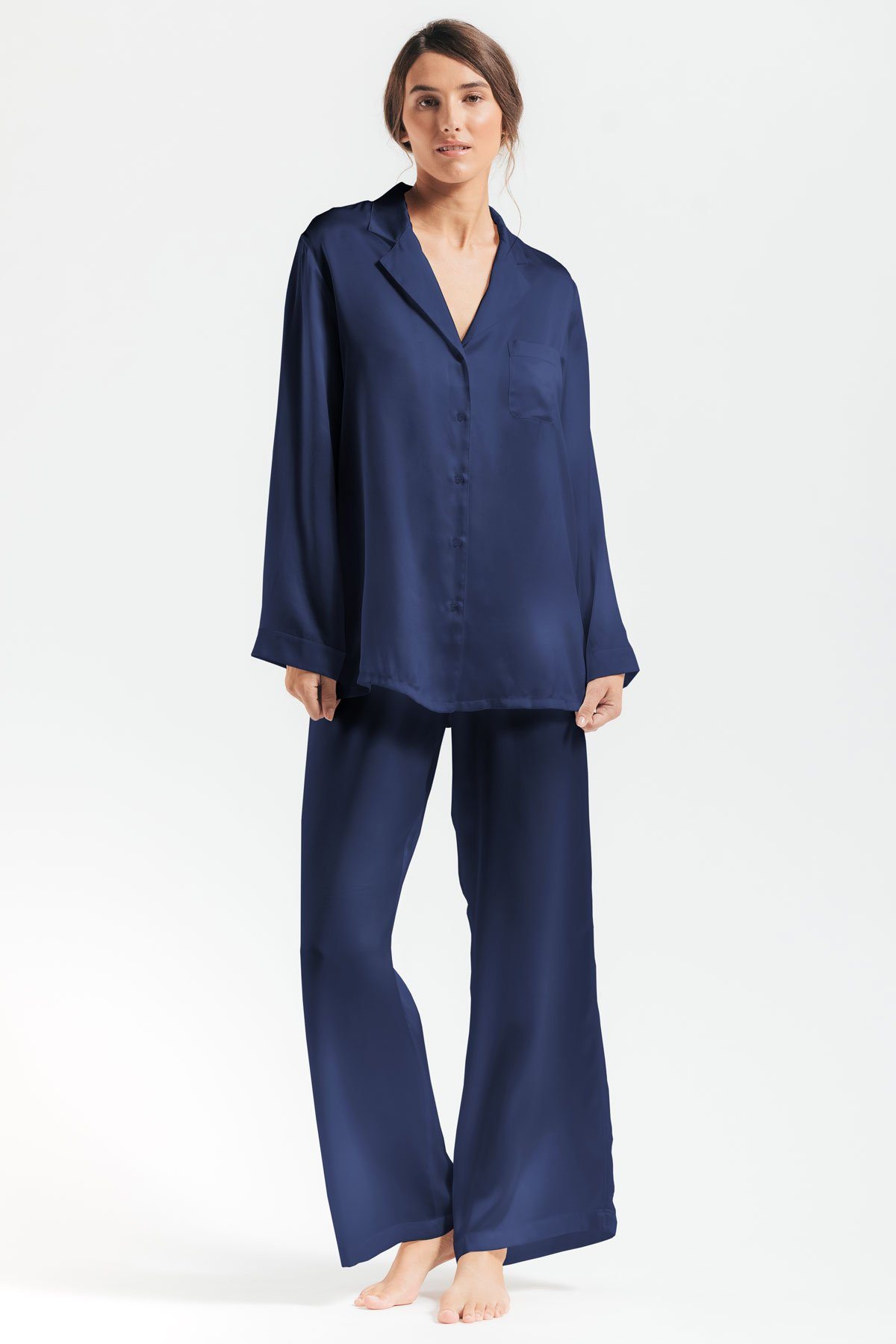Model showcasing  Morgan Silk pajama set in evening-blue