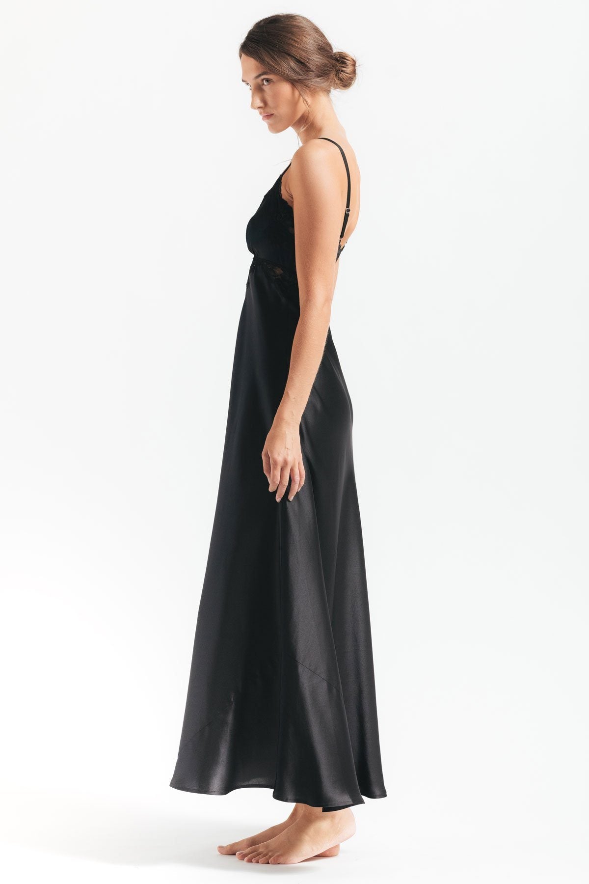 Side profile of Morgan vintage long silk sleeping gown in black