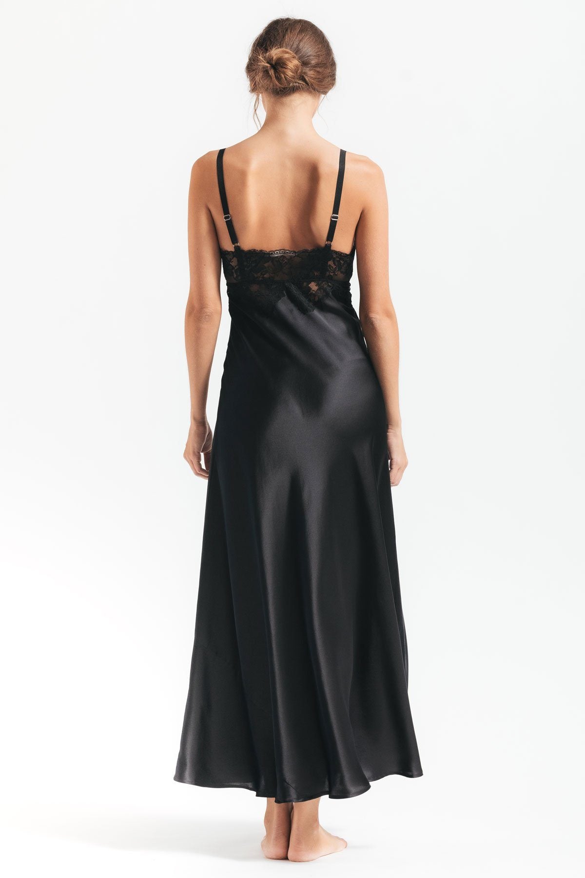 Back of model wearing Morgan vintage long silk sleeping gown in black