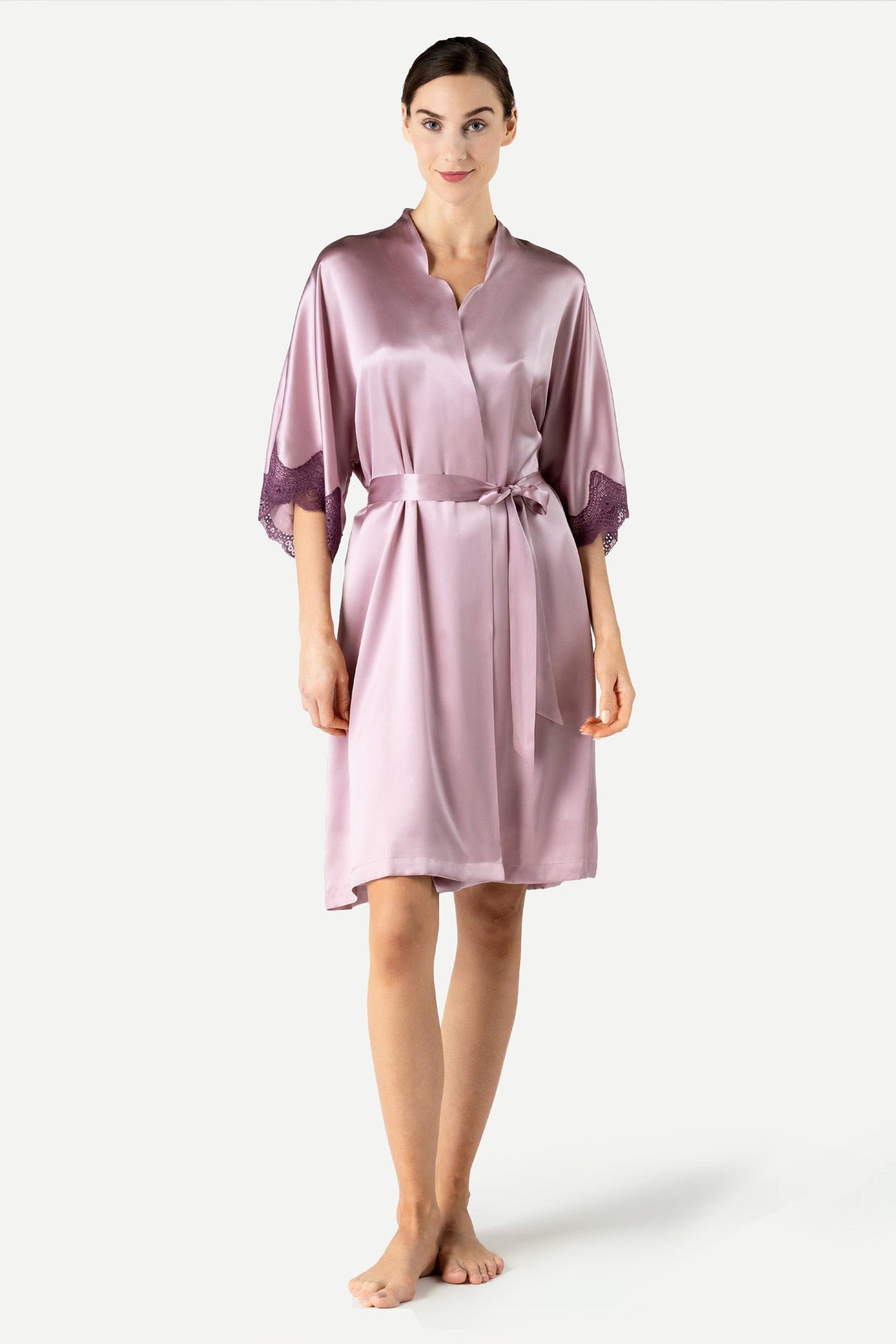 Raquel Feminine Lounge Midi Silk Kimono Short Robe NK iMODE Mauve Purple S