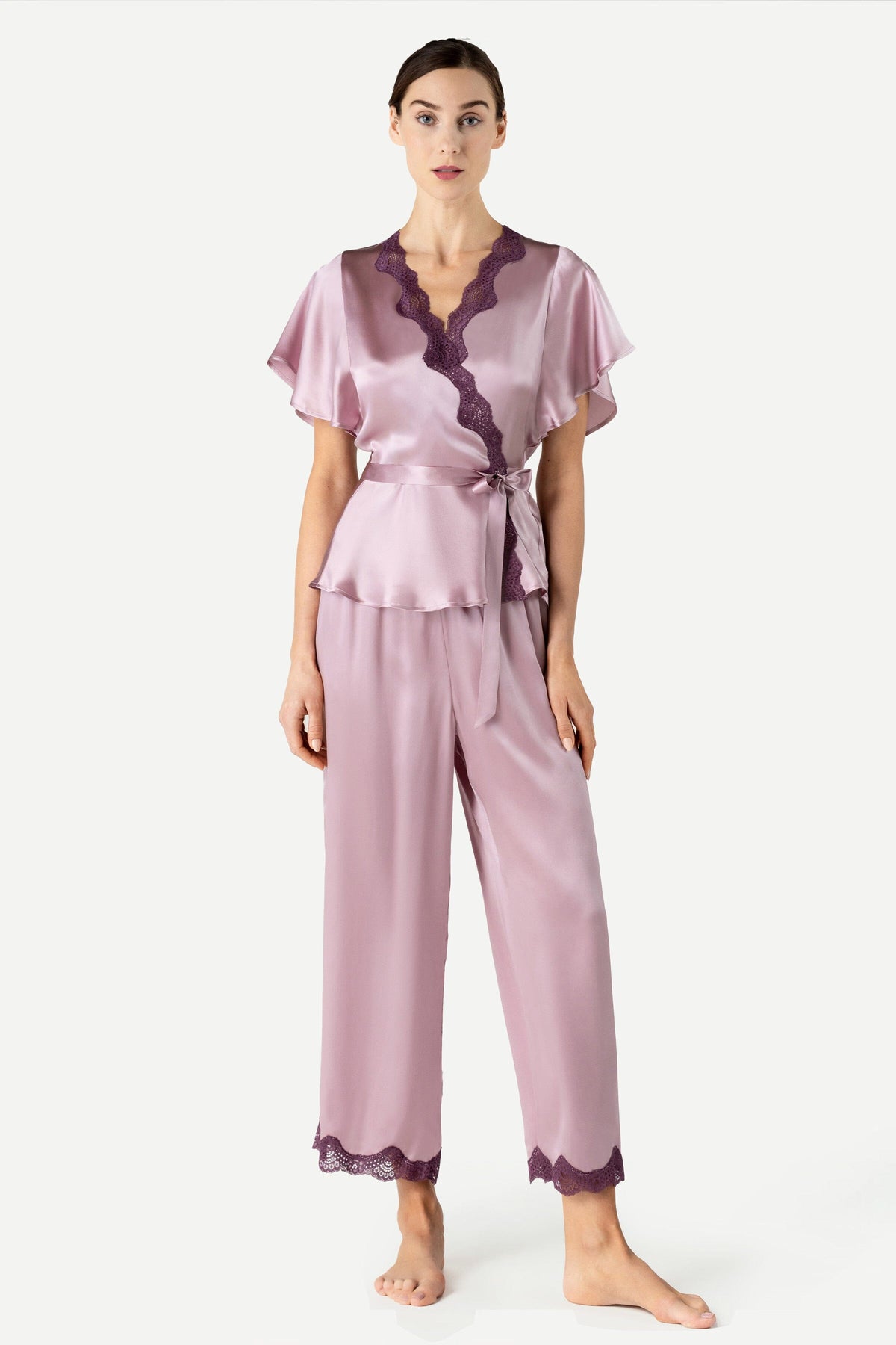 Raquel Feminine Lounge Wrapped Silk PJ Set Pajama Set NK iMODE Mauve Purple XS