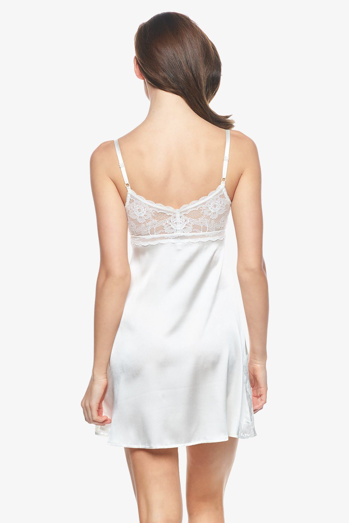 Backview of model wearing Sigrid Bust-Support Ivory bridal chemise in pearl-white