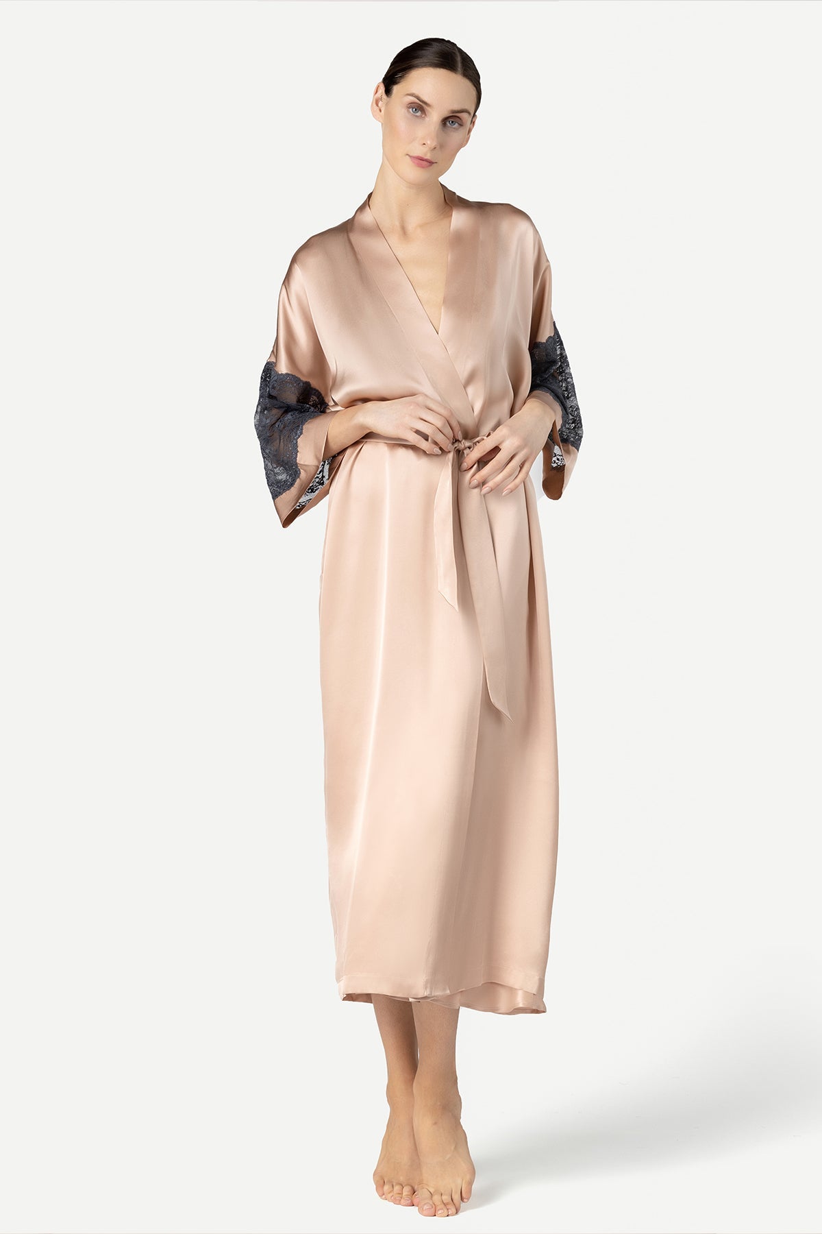 Viva Sensual Long Silk Kimono Long Robe NK iMODE Rose Gold Pink S
