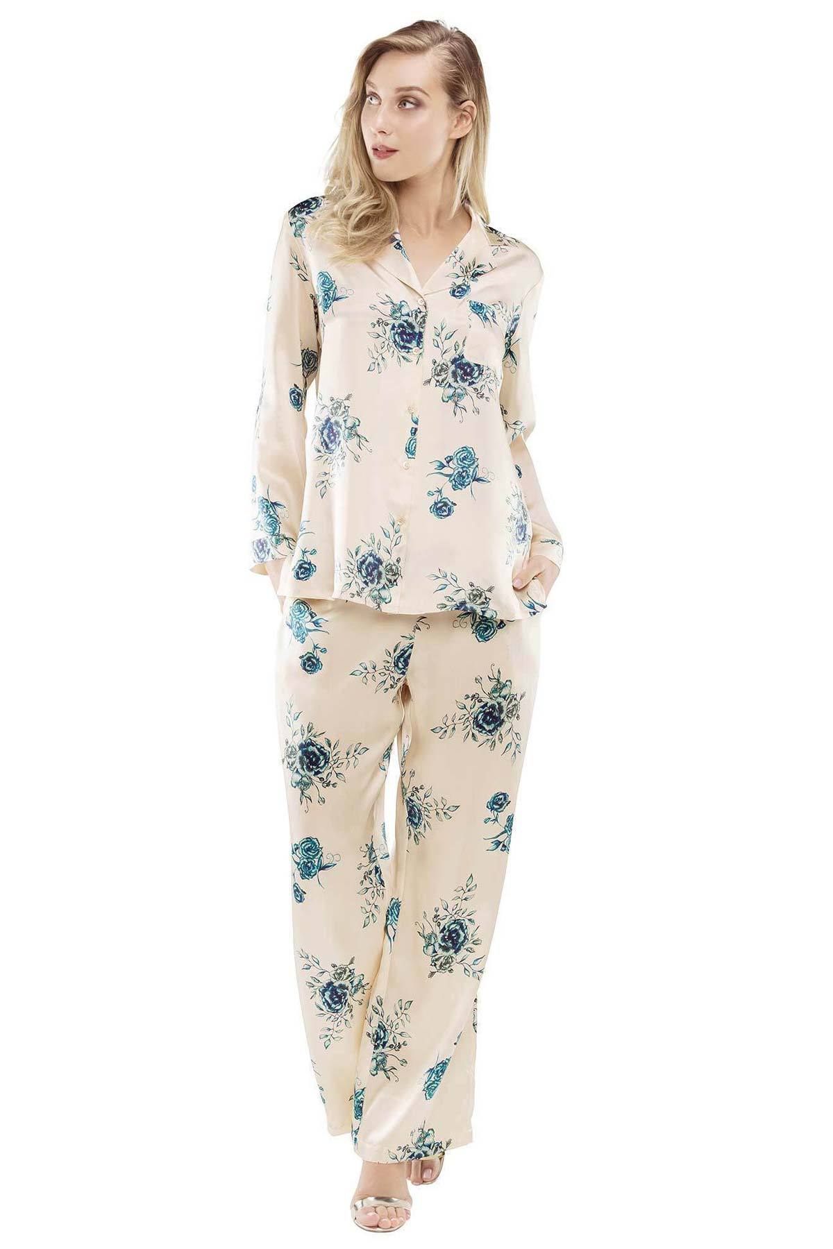 Front of model wearing Wild Rose Posh floral silk pajama set in wild-rose